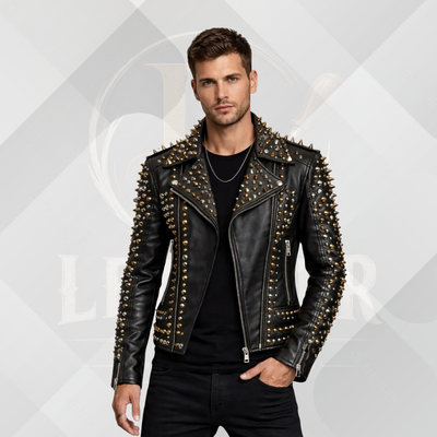 Men's Luxury Studded Leather Motorcycle Jacket – Black Punk Biker Coat with Gold Spikes
