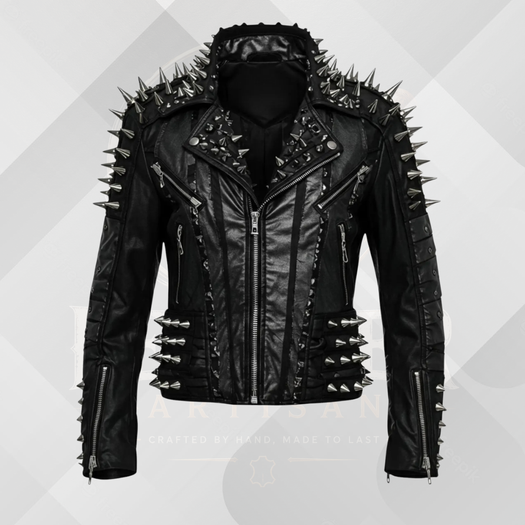 Men's Punk Spiked Leather Jacket – Real Cowhide Motorcycle Biker Coat