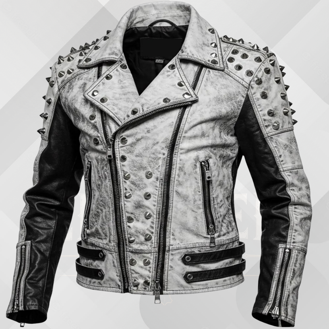 Handmade White Gothic Leather Jacket for Men – Spiked Motorcycle Punk Outerwear
