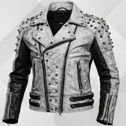 Handmade White Gothic Leather Jacket for Men – Spiked Motorcycle Punk Outerwear