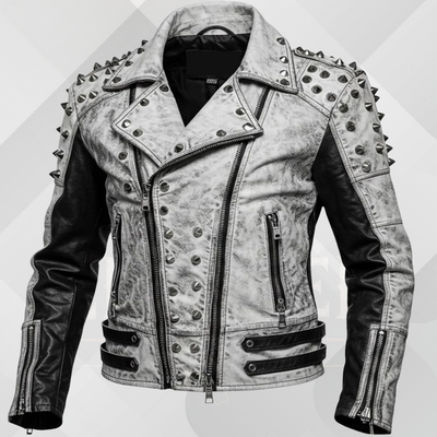 Handmade White Gothic Leather Jacket for Men – Spiked Motorcycle Punk Outerwear