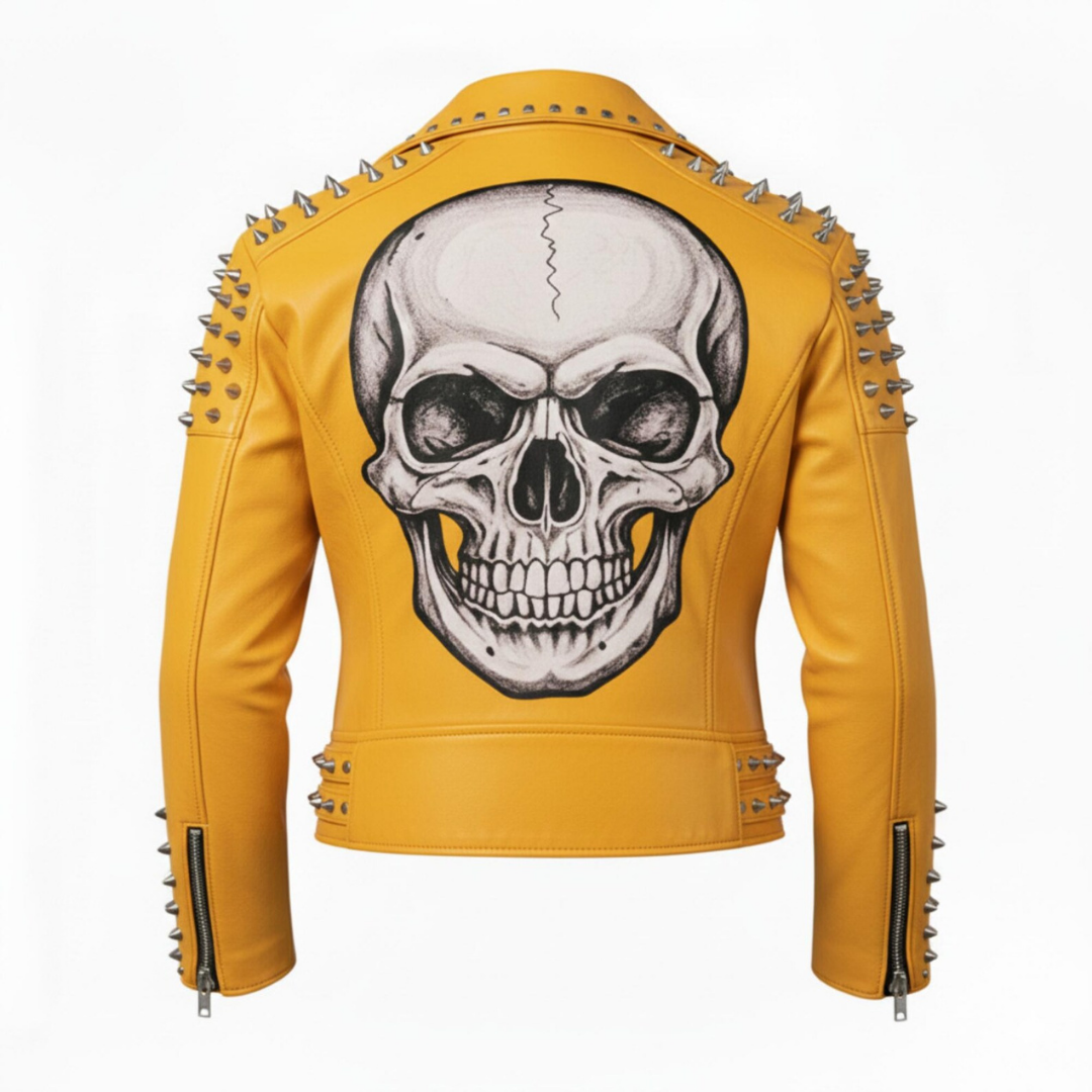 Men's Skull Studded Leather Jacket – White Handmade Cowhide Gothic Biker Jacket