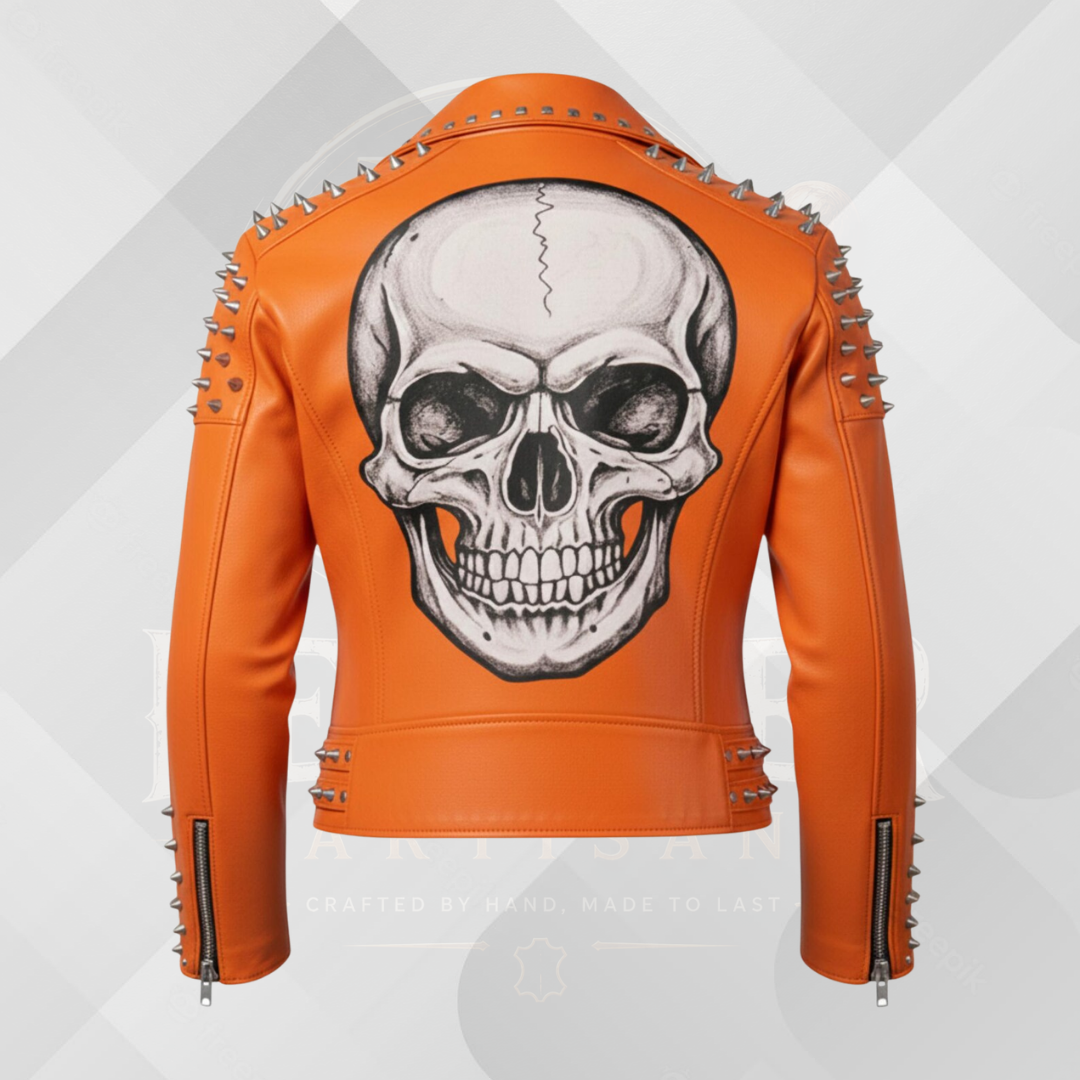 Men's Skull Studded Leather Jacket – White Handmade Cowhide Gothic Biker Jacket