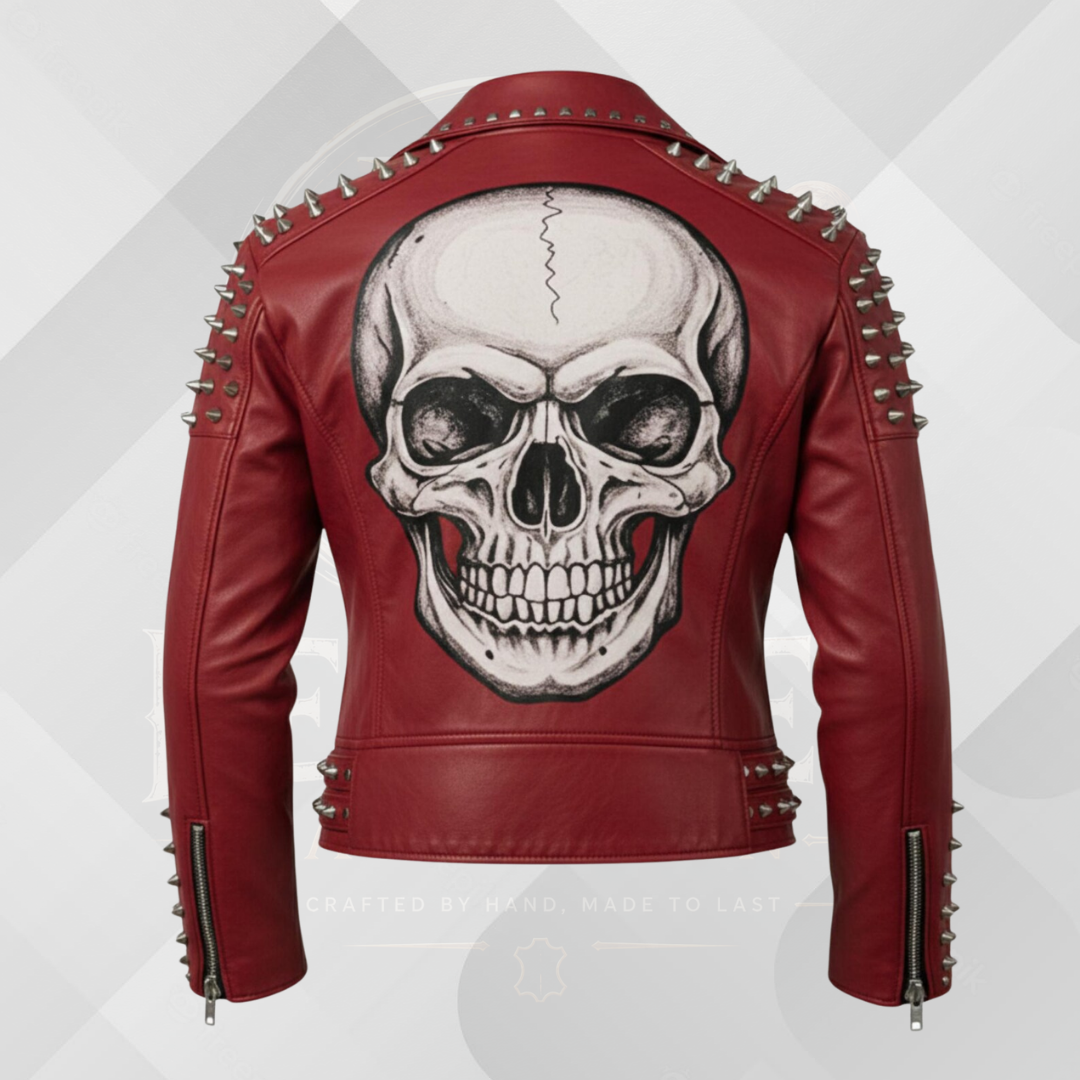 Men's Skull Studded Leather Jacket – White Handmade Cowhide Gothic Biker Jacket
