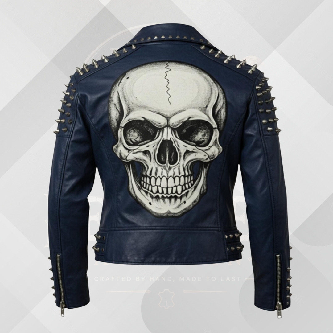 Men's Skull Studded Leather Jacket – White Handmade Cowhide Gothic Biker Jacket