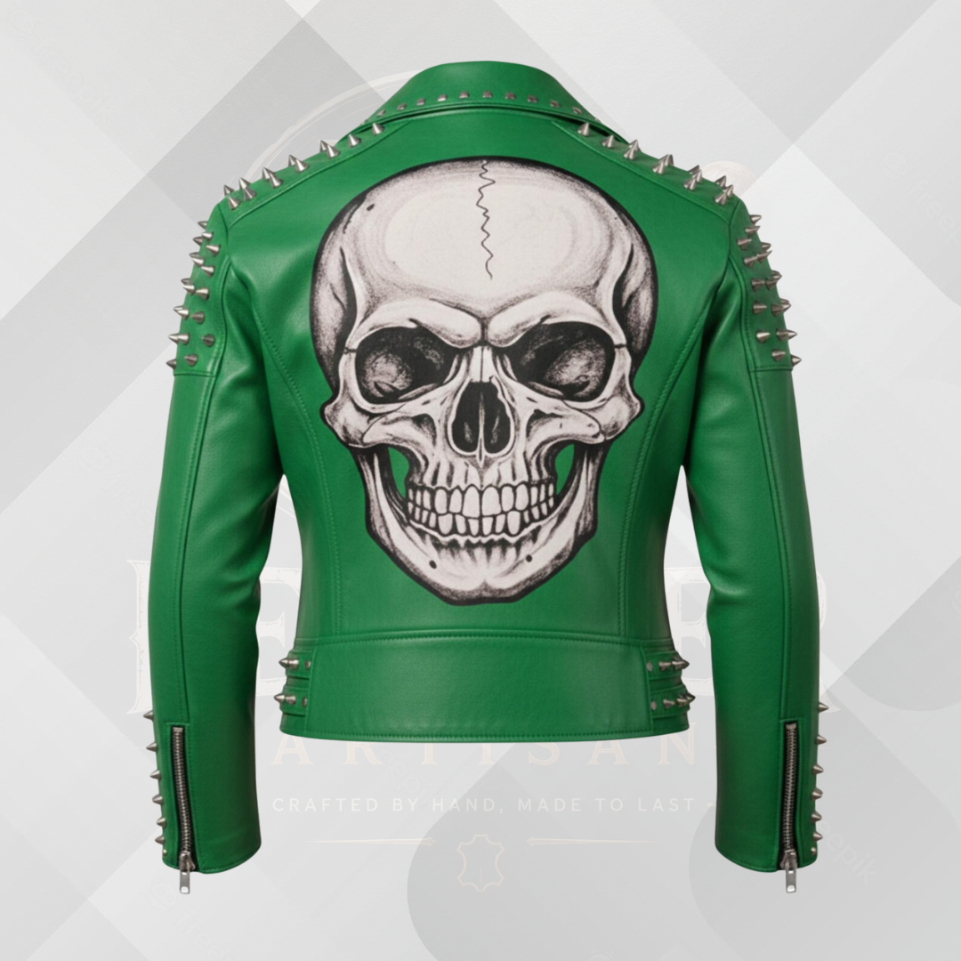 Men's Skull Studded Leather Jacket – White Handmade Cowhide Gothic Biker Jacket