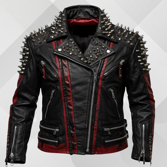 Men's Black Spiked Leather Biker Jacket – Handmade Cowhide Punk Rock Motorcycle Coat