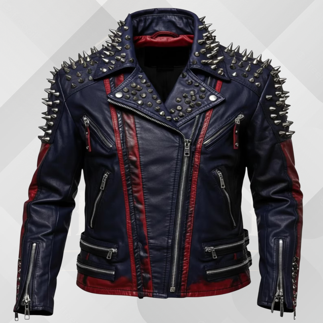 Men's Black Spiked Leather Biker Jacket – Handmade Cowhide Punk Rock Motorcycle Coat