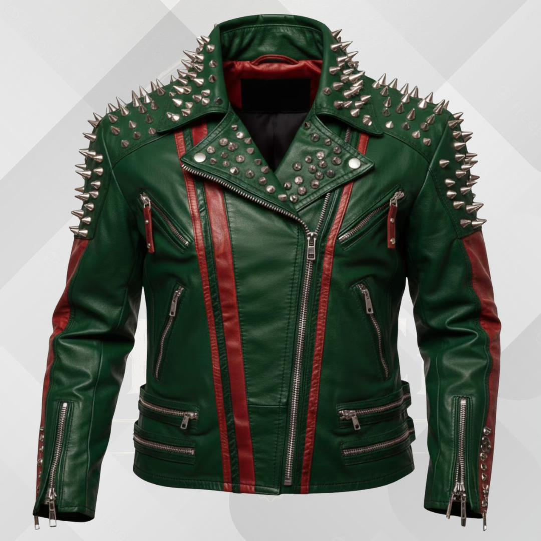 Men's Black Spiked Leather Biker Jacket – Handmade Cowhide Punk Rock Motorcycle Coat