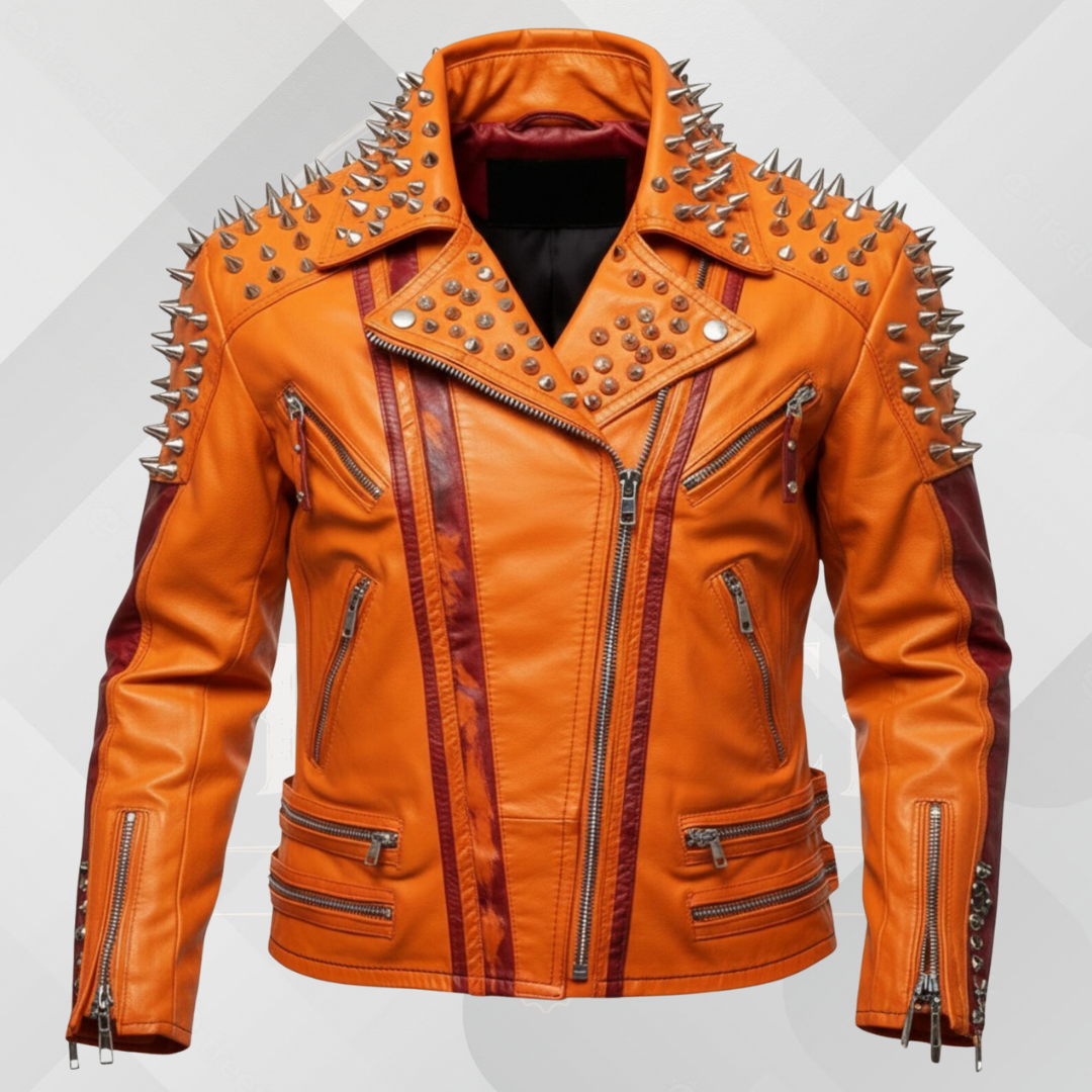 Men's Black Spiked Leather Biker Jacket – Handmade Cowhide Punk Rock Motorcycle Coat