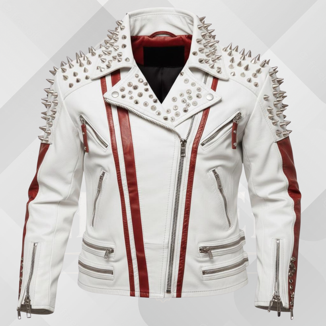 Men's Black Spiked Leather Biker Jacket – Handmade Cowhide Punk Rock Motorcycle Coat