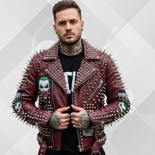 Men's Burgundy Studded Cowhide Leather Biker Jacket