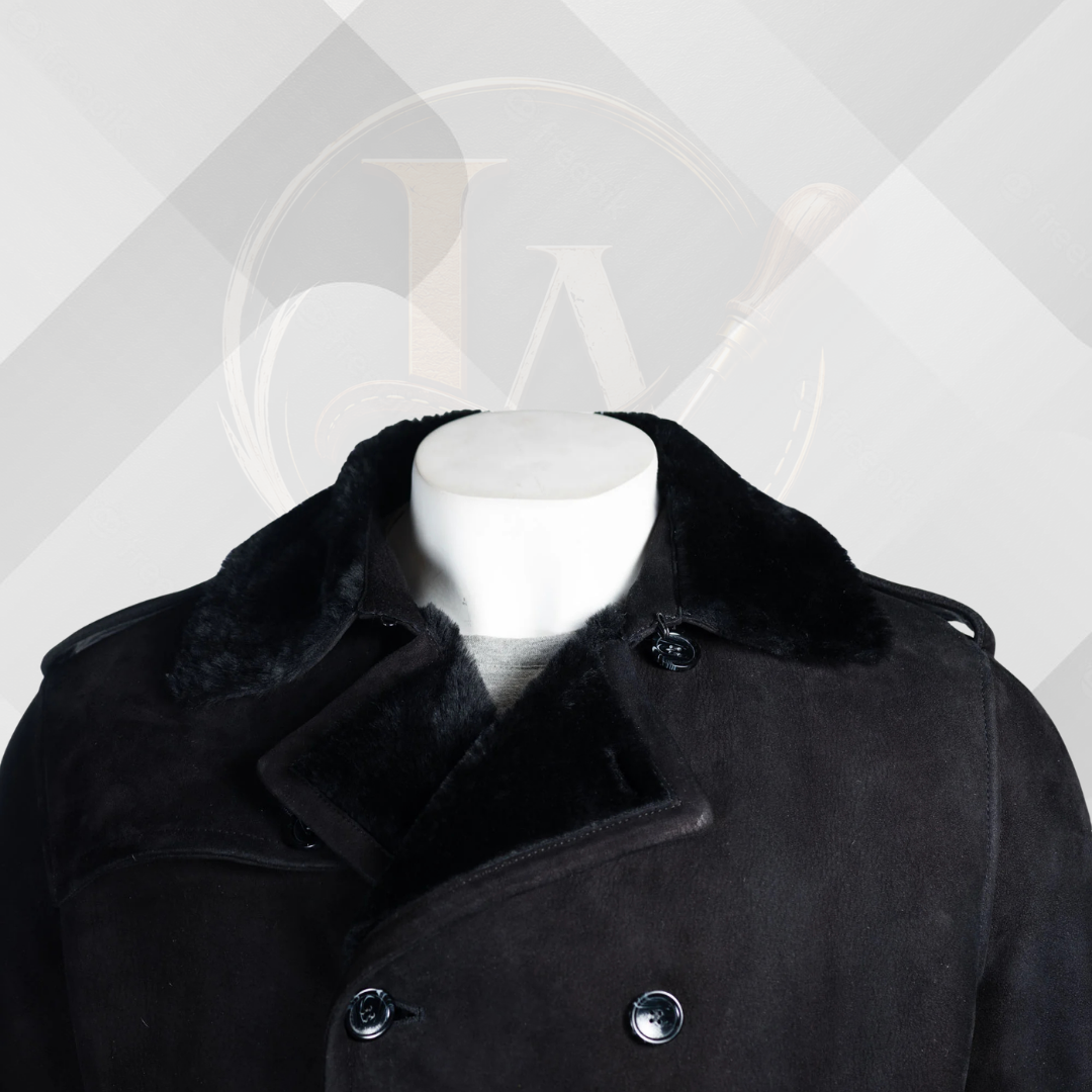 Men's Black Sheepskin Double Breasted Suede Coat