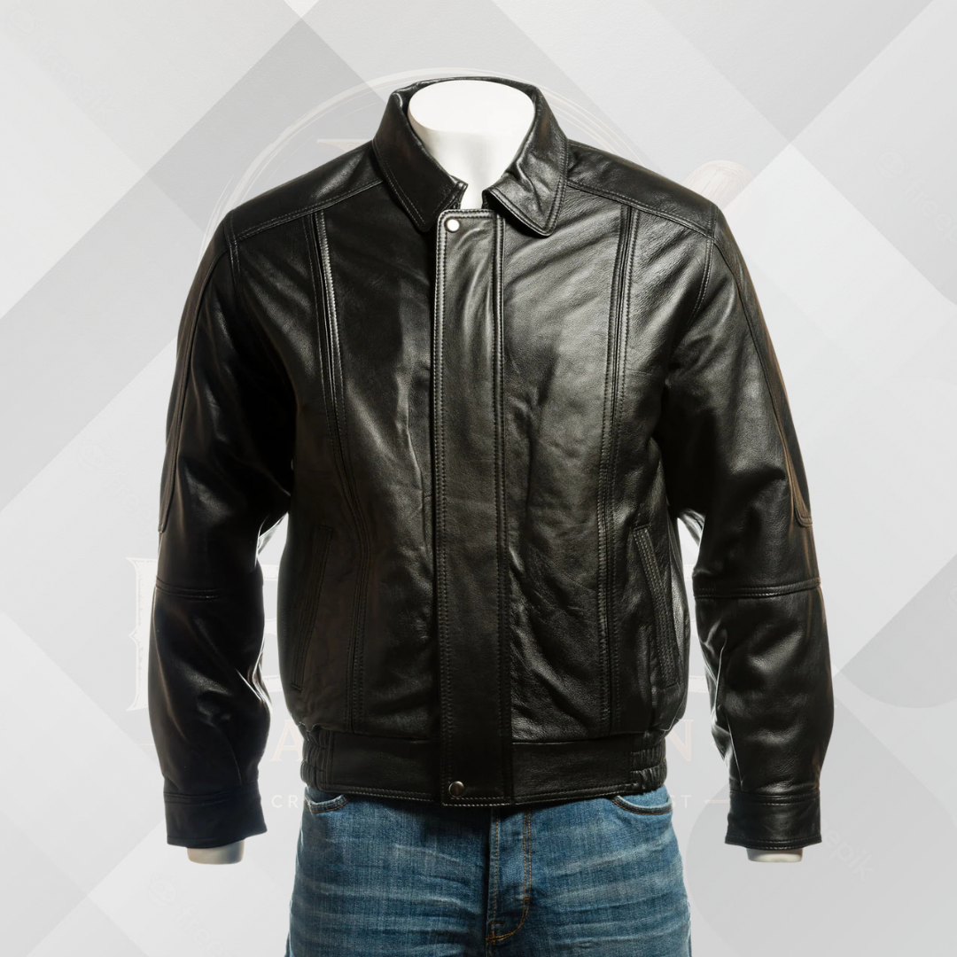 Men's Black Genuine Leather Jacket – Simple Blouson Style with Elastic Waist