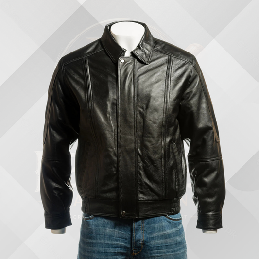 Men's Black Genuine Leather Jacket – Simple Blouson Style with Elastic Waist