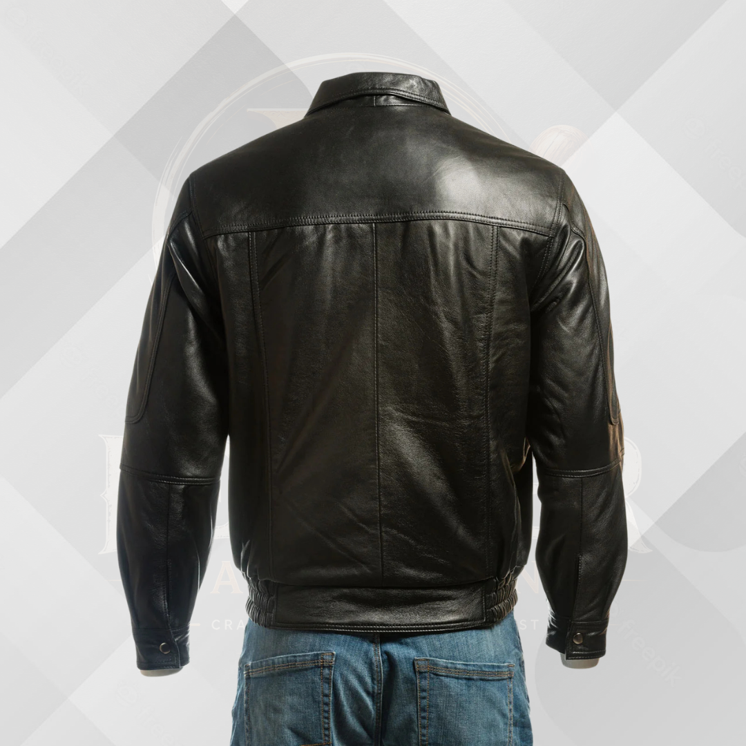 Men's Black Genuine Leather Jacket – Simple Blouson Style with Elastic Waist