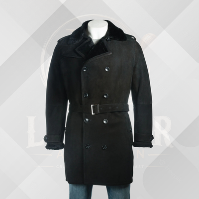 Men's Black Sheepskin Double Breasted Suede Coat