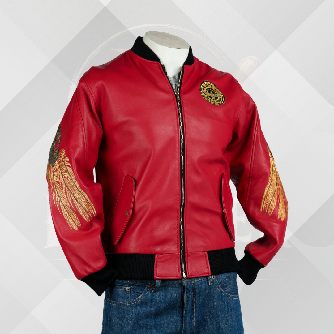 Men's Red Embroidered Leather Bomber Jacket