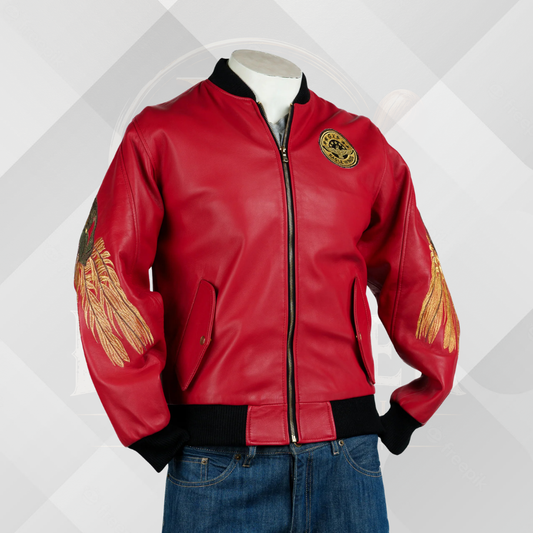 Men's Red Embroidered Leather Bomber Jacket