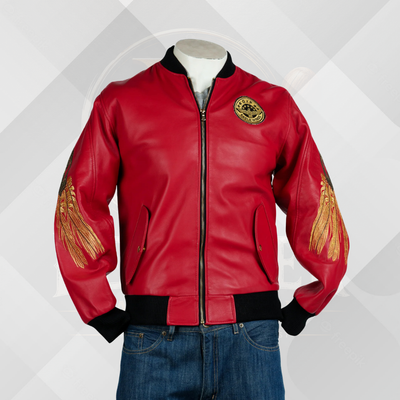 Men's Red Embroidered Leather Bomber Jacket
