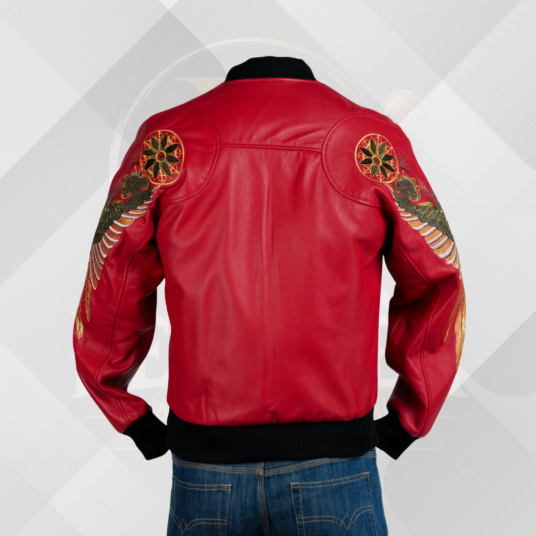 Men's Red Embroidered Leather Bomber Jacket
