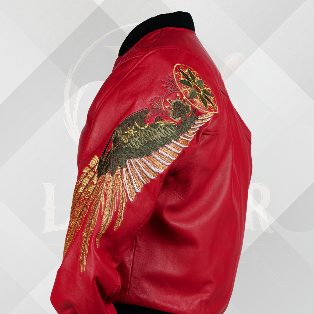 Men's Red Embroidered Leather Bomber Jacket