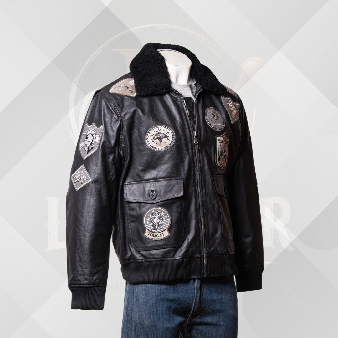 Men's Black Top Gun Style Leather Bomber Jacket