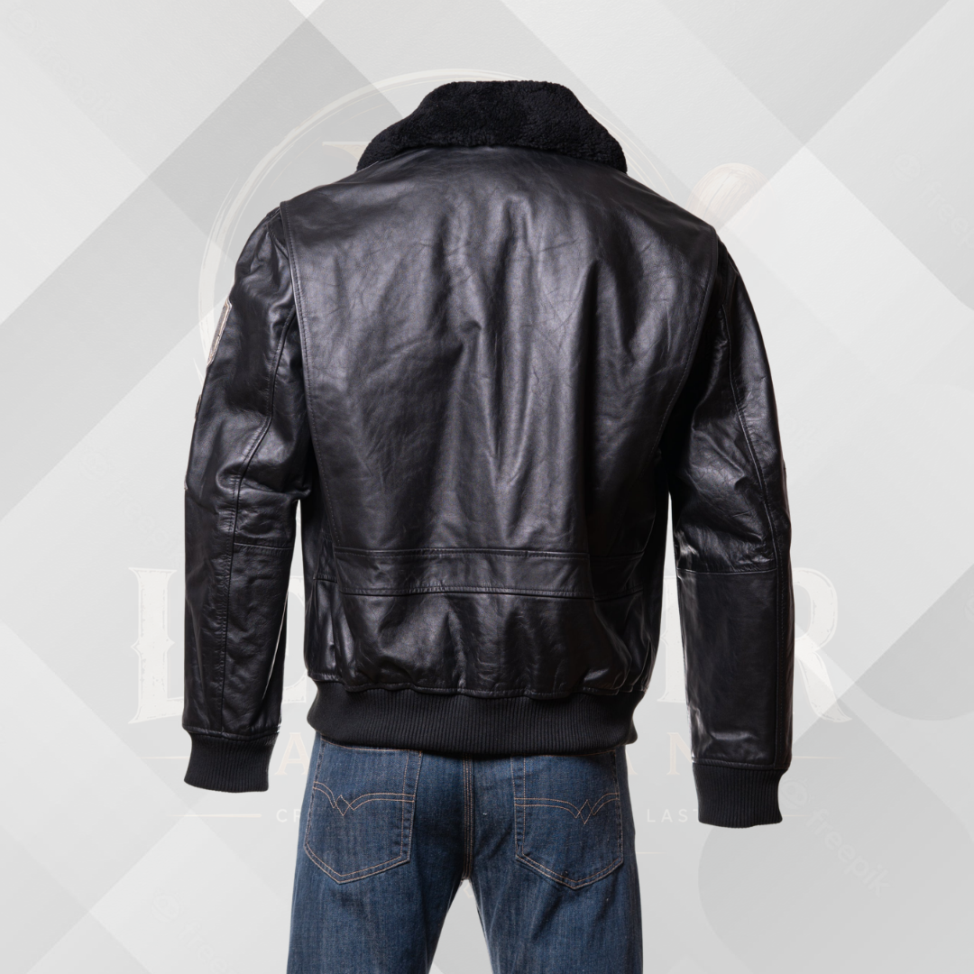 Men's Black Top Gun Style Leather Bomber Jacket