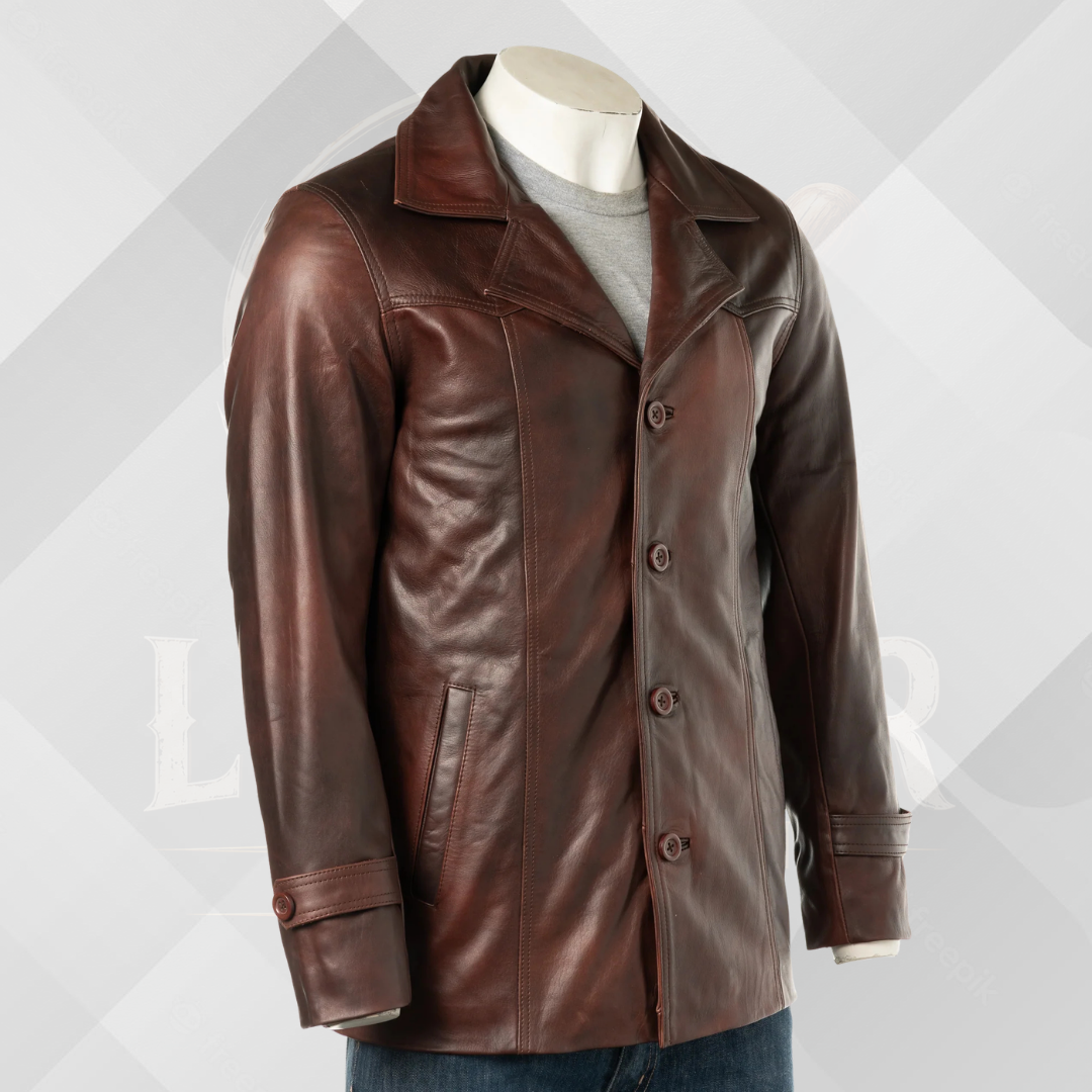 Men’s Reddish Brown Genuine Leather Jacket – Classic Reefer Style