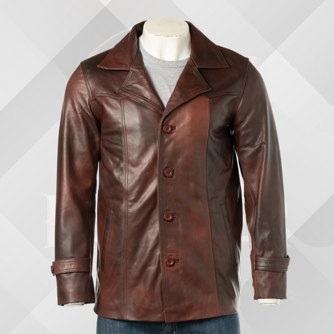 Men’s Reddish Brown Genuine Leather Jacket – Classic Reefer Style