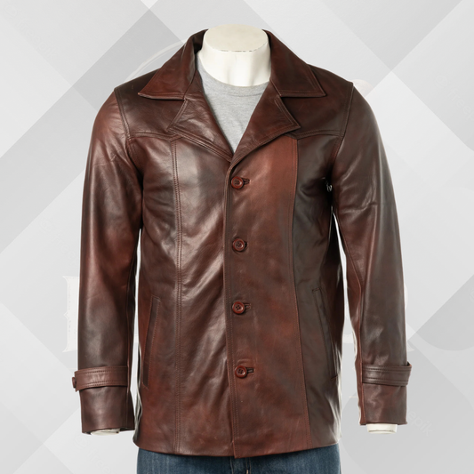 Men’s Reddish Brown Genuine Leather Jacket – Classic Reefer Style