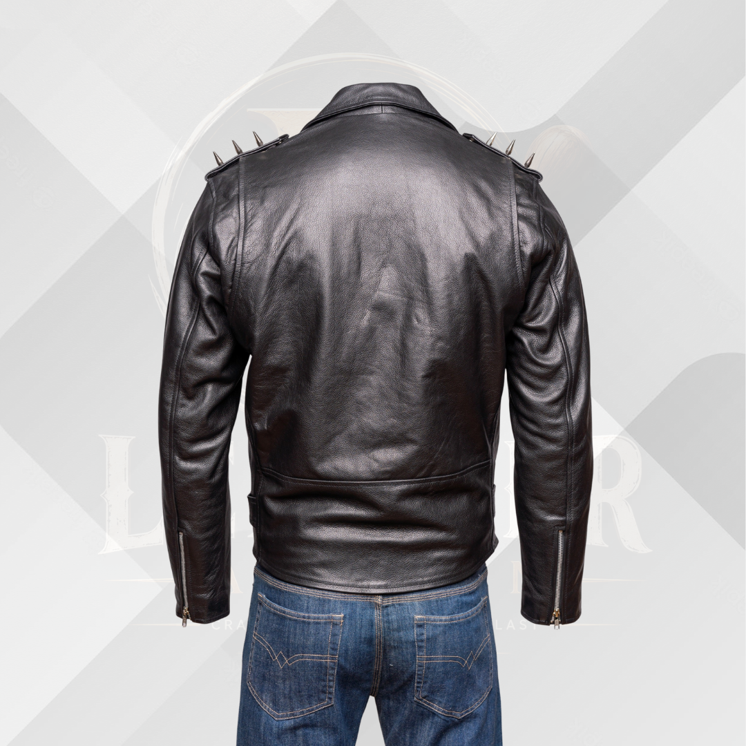 Men's Black Brando Leather Jacket with Studded Spikes & Belt – Handmade Genuine Leather