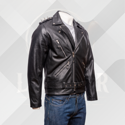 Men's Black Brando Leather Jacket with Studded Spikes & Belt – Handmade Genuine Leather