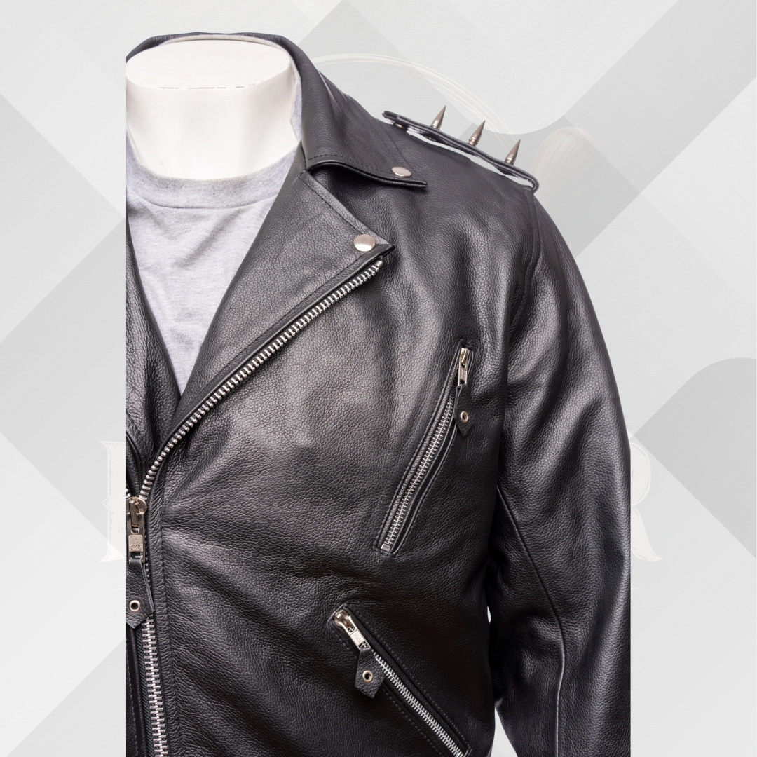 Men's Black Brando Leather Jacket with Studded Spikes & Belt – Handmade Genuine Leather