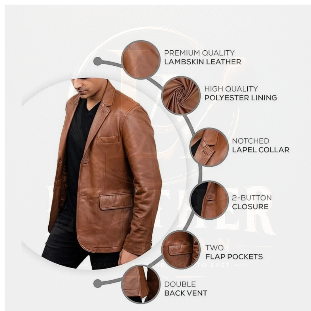 Men's Cognac Genuine Lambskin Leather Blazer