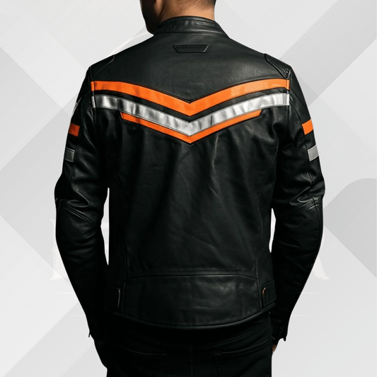 Men's Black Leather Motorcycle Jacket – Orange Silver Stripe
