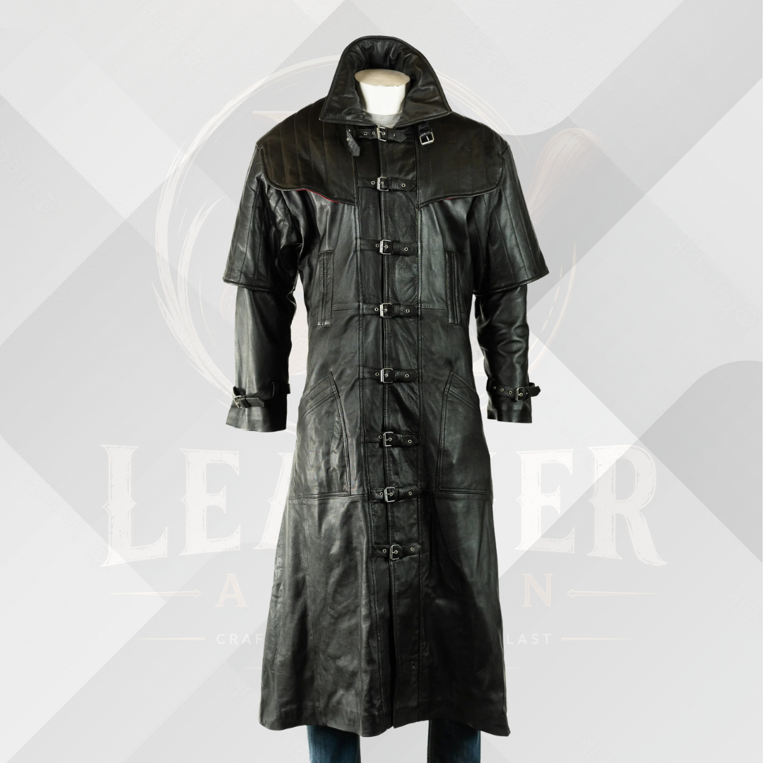 Men's Black Full Length Genuine Leather Duster Coat