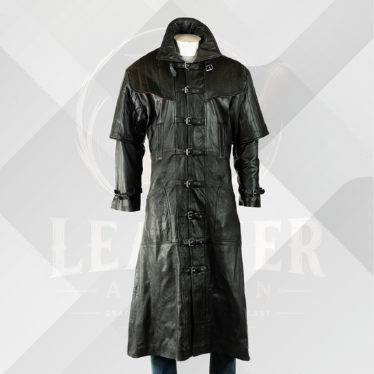 Men's Black Full Length Genuine Leather Duster Coat