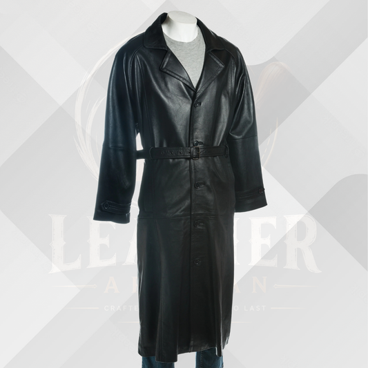 Men's Black Genuine Leather Long Coat – Classic Belted Winter Overcoat