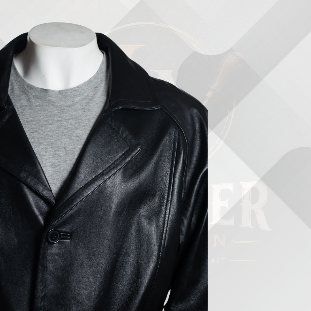 Men's Black Genuine Leather Long Coat – Classic Belted Winter Overcoat