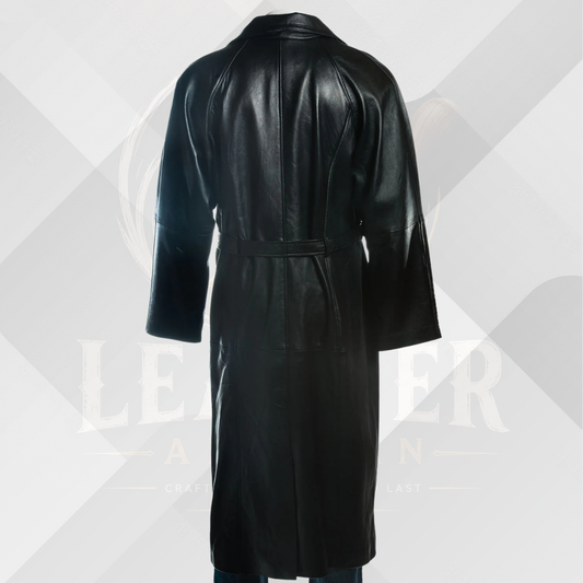 Men's Black Genuine Leather Long Coat – Classic Belted Winter Overcoat