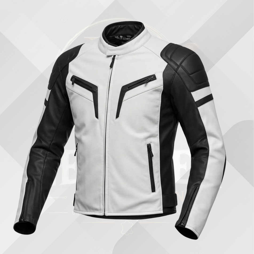 Men's Black White Motorcycle Leather Jacket – Genuine Cowhide