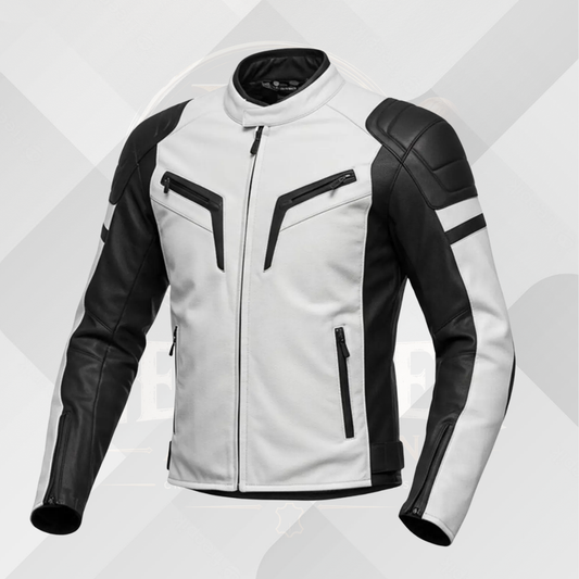 Men's Black White Motorcycle Leather Jacket – Genuine Cowhide