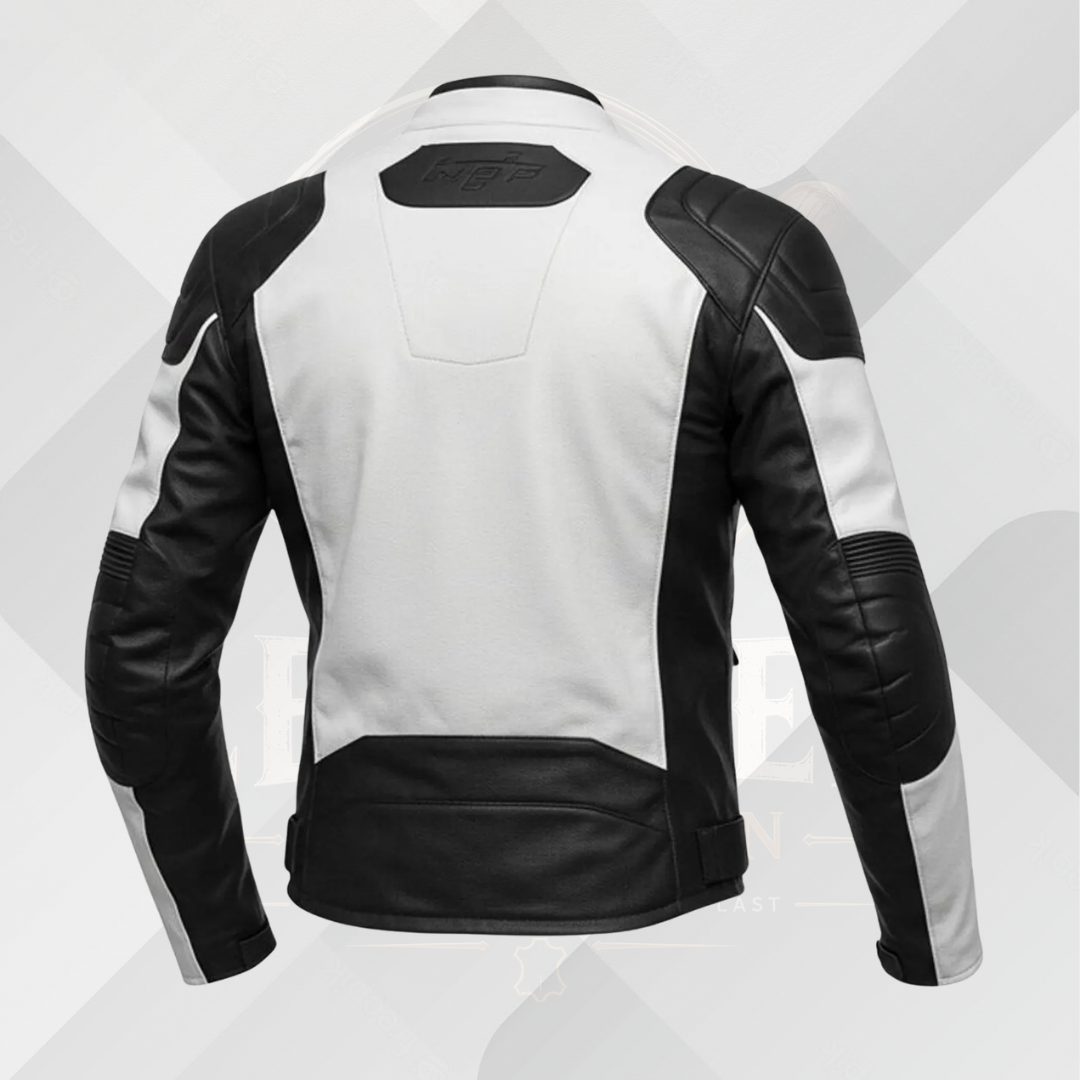 Men's Black White Motorcycle Leather Jacket – Genuine Cowhide