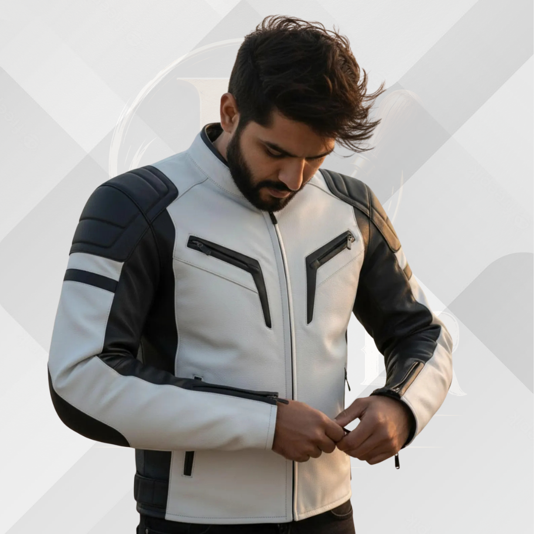 Men's Black White Motorcycle Leather Jacket – Genuine Cowhide