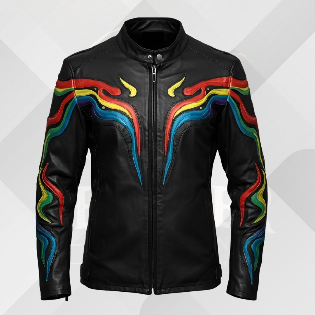 Men's Rainbow Stripe Leather Biker Jacket – Handmade Moto Coat