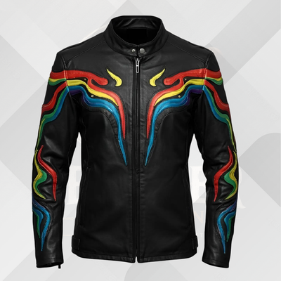 Men's Rainbow Stripe Leather Biker Jacket – Handmade Moto Coat