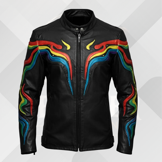 Men's Rainbow Stripe Leather Biker Jacket – Handmade Moto Coat