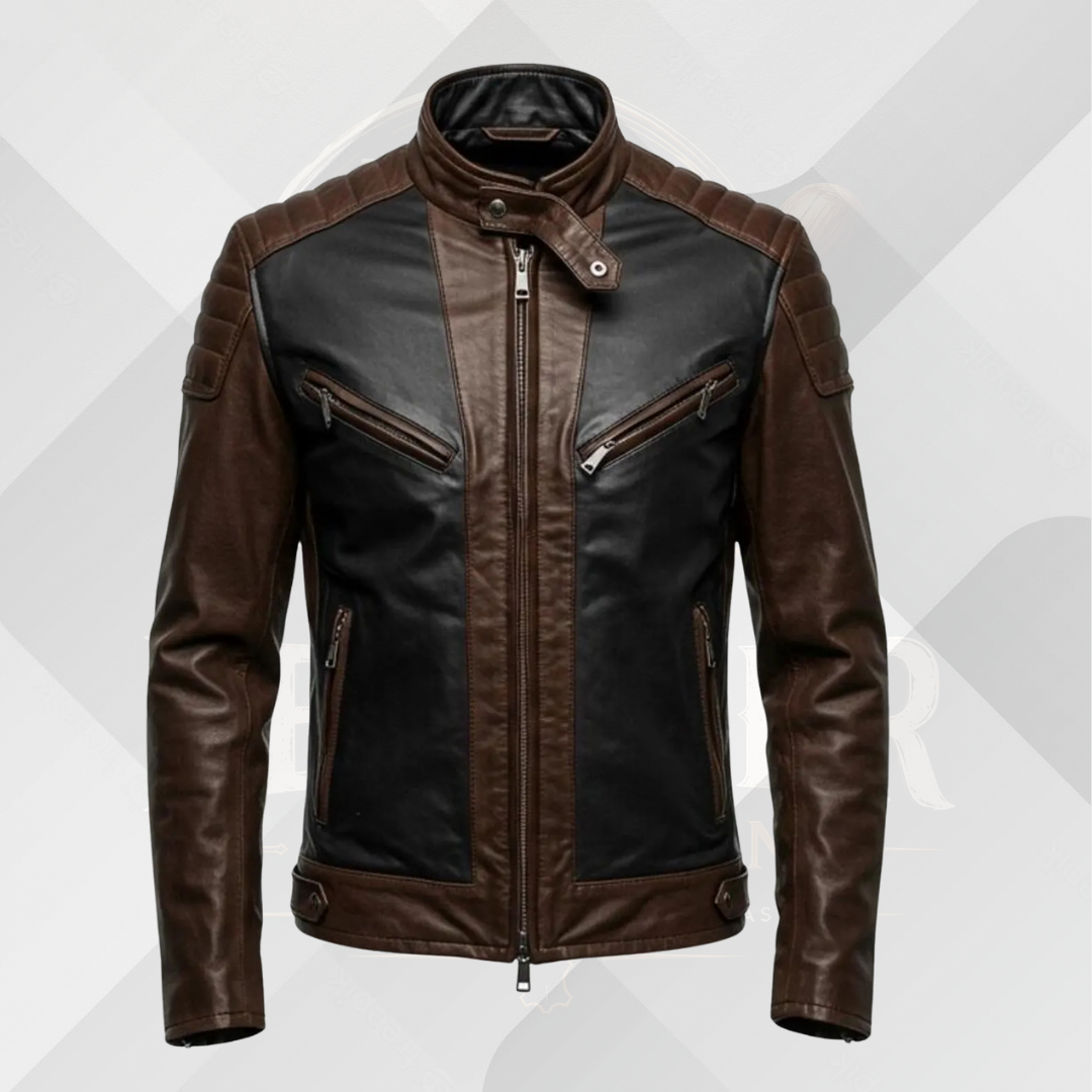 Men's Brown Black Leather Cafe Racer Jacket – Genuine Sheep Leather