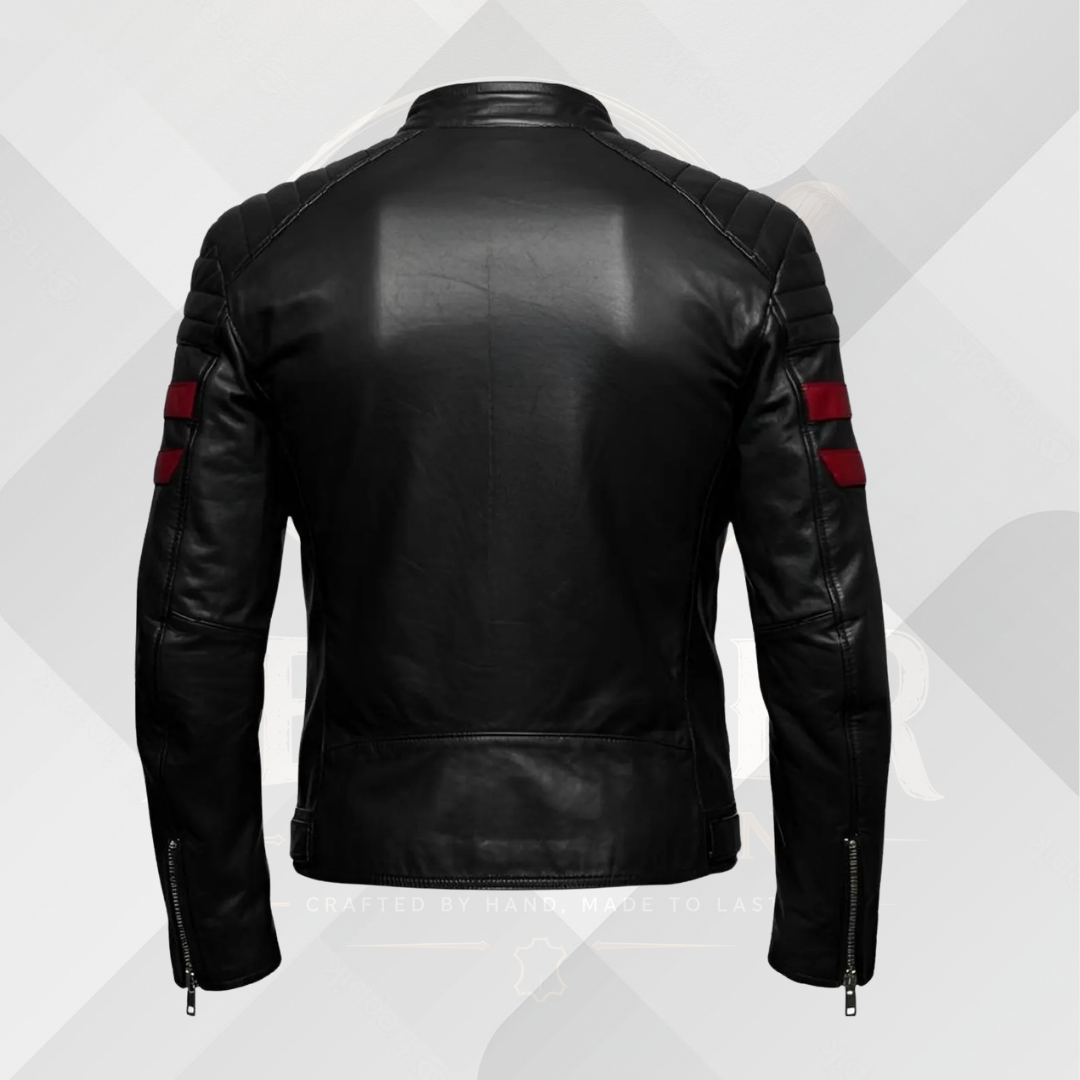 Men's Black Cowhide Cafe Racer Jacket – Red Stripe Handmade